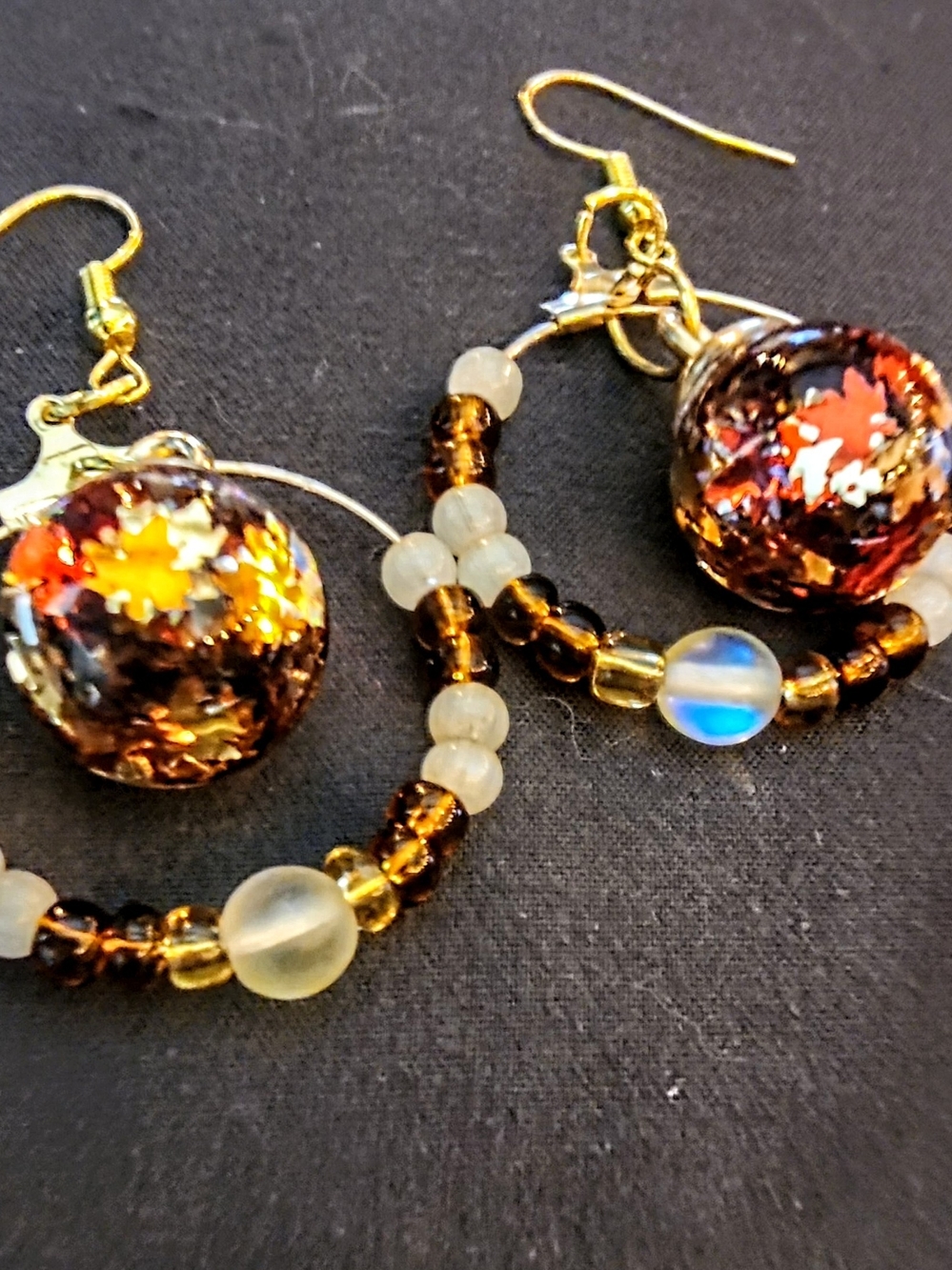 Gold-ring Hoop Earrings With Fall Leaves In a Glass Ball With Moon Beads